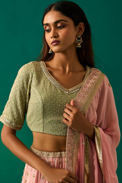 Green Embroidered Anarkali Blouse with Skirt and Dupatta Set