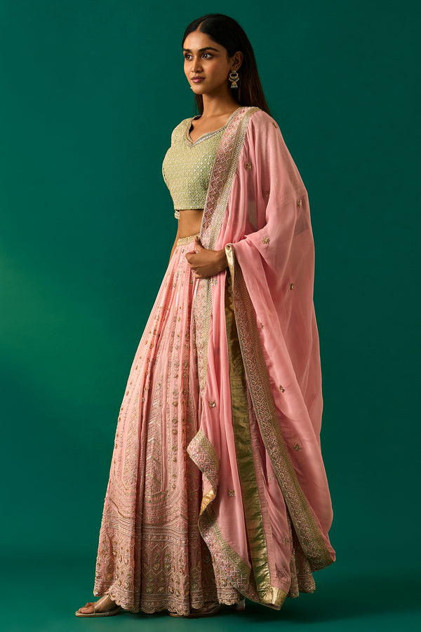 Green Embroidered Anarkali Blouse with Skirt and Dupatta Set