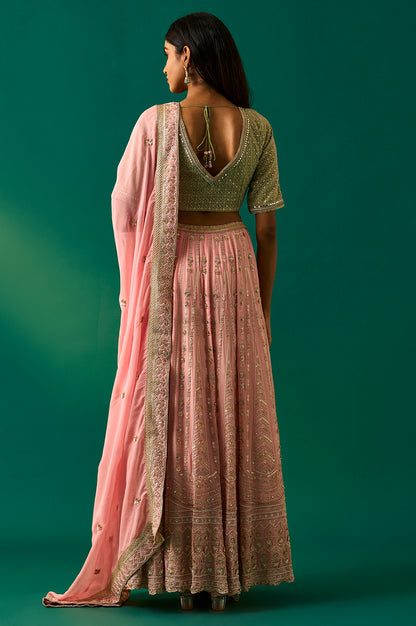 Green Embroidered Anarkali Blouse with Skirt and Dupatta Set