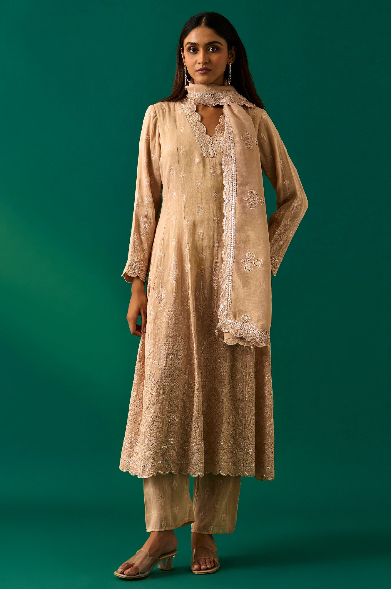Beige Embroidered Anarkali Kurta with Straight Pant and Dupatta Set