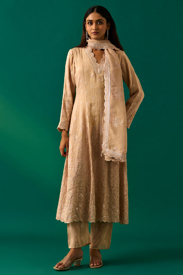 Beige Embroidered Anarkali Kurta with Straight Pant and Dupatta Set