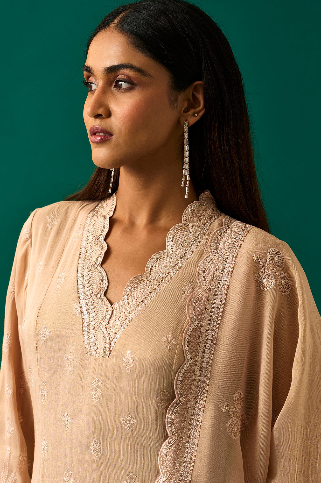 Beige Embroidered Anarkali Kurta with Straight Pant and Dupatta Set