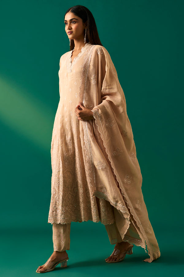 Beige Embroidered Anarkali Kurta with Straight Pant and Dupatta Set
