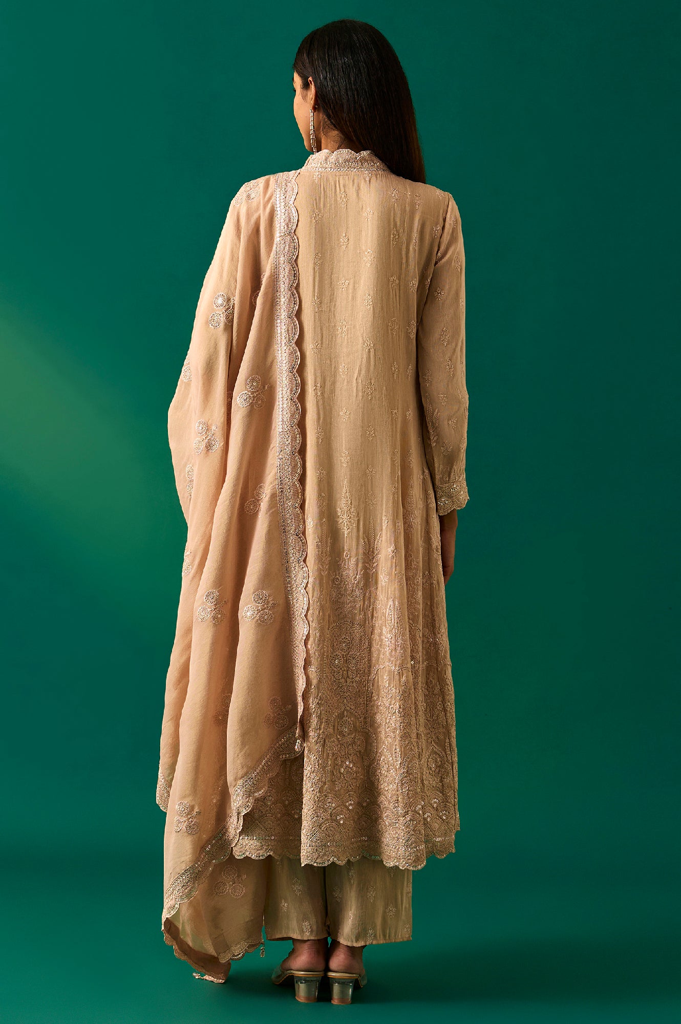 Beige Embroidered Anarkali Kurta with Straight Pant and Dupatta Set