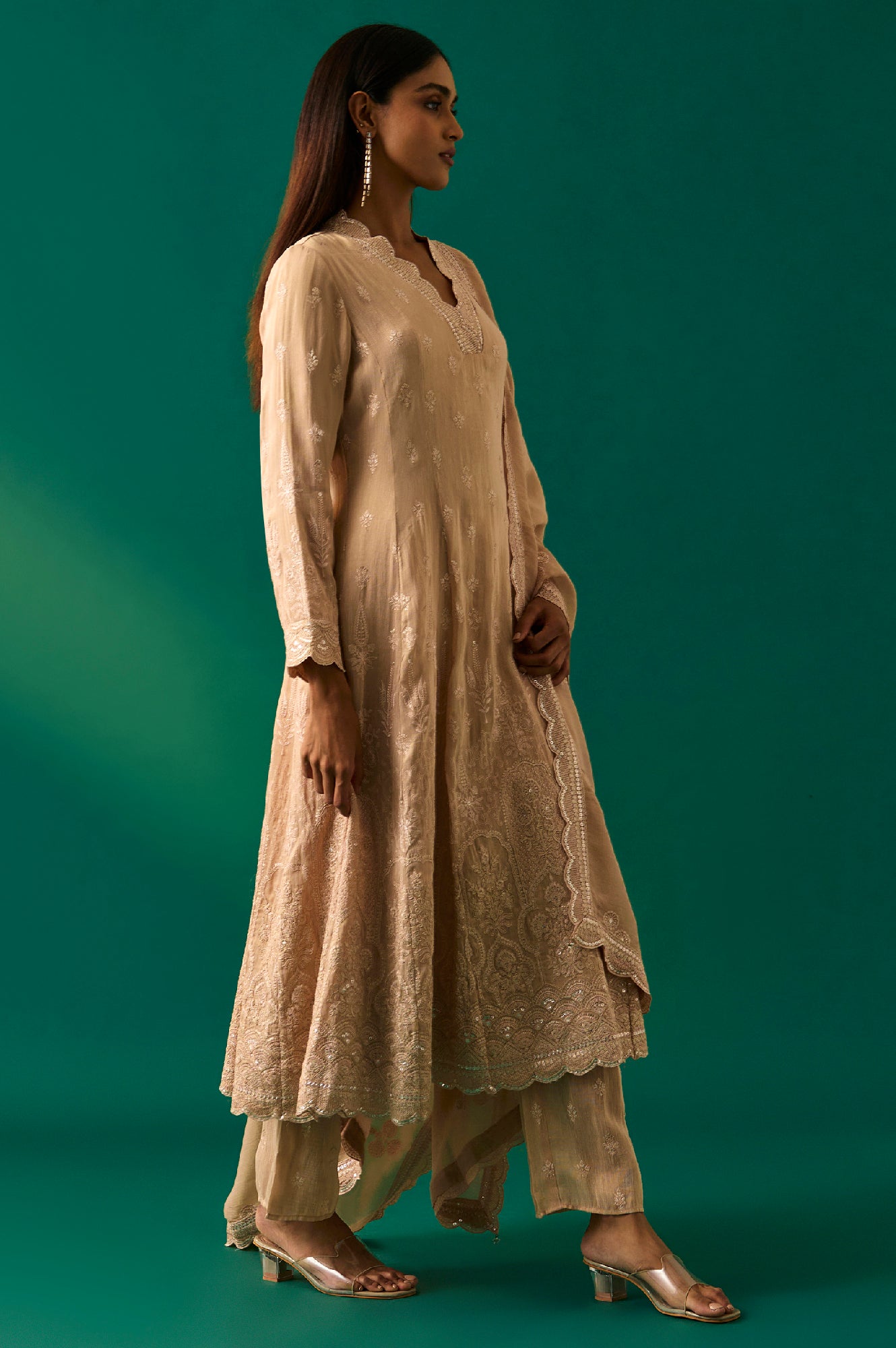 Beige Embroidered Anarkali Kurta with Straight Pant and Dupatta Set