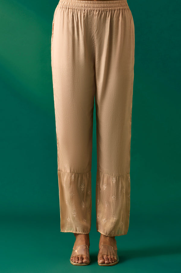 Beige Embroidered Anarkali Kurta with Straight Pant and Dupatta Set