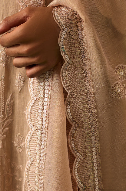 Beige Embroidered Anarkali Kurta with Straight Pant and Dupatta Set