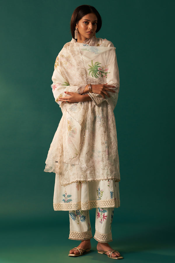 White Floral Printed and Embroidered Layered Cotton Blend Kurta with Pant and Dupatta Set