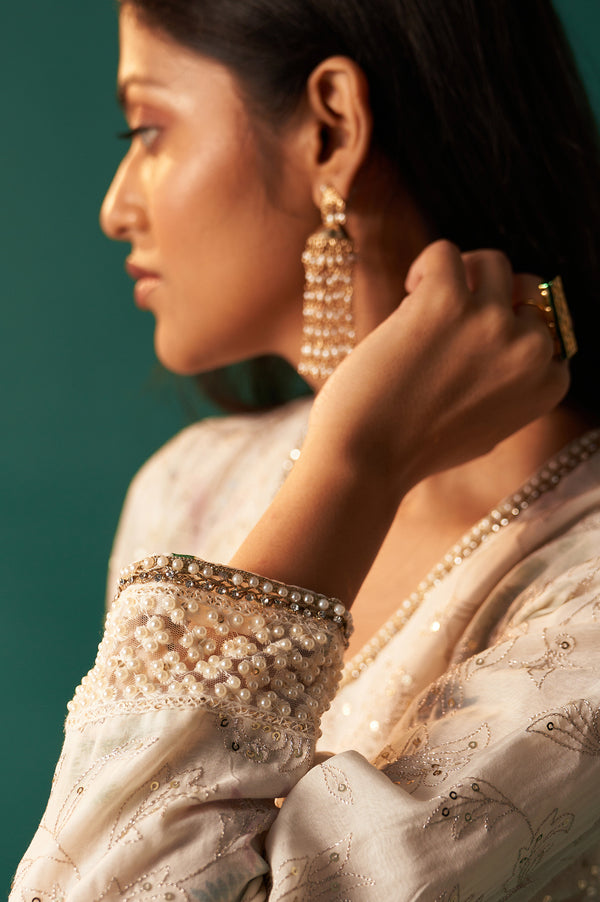 White Floral Printed and Embroidered Layered Cotton Blend Kurta with Pant and Dupatta Set