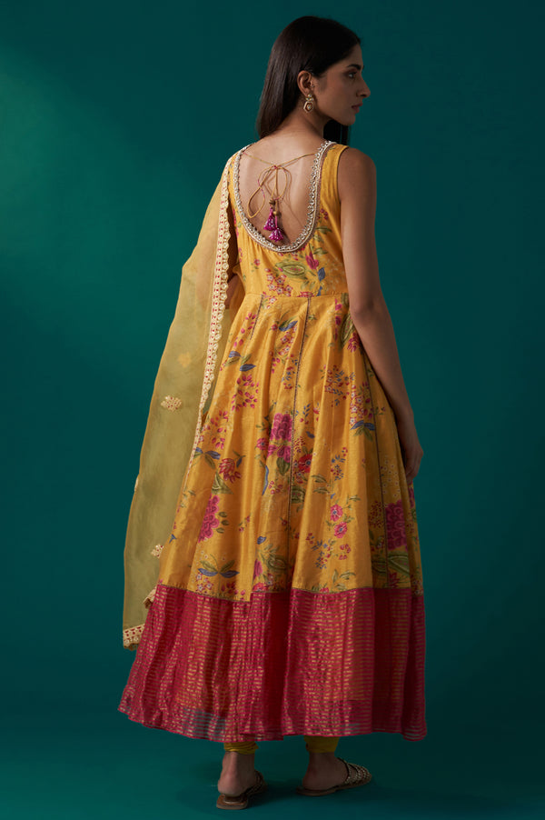 Yellow Floral Print Embroidered Anarkali Tissue Kurta with Churidar and Dupatta Set