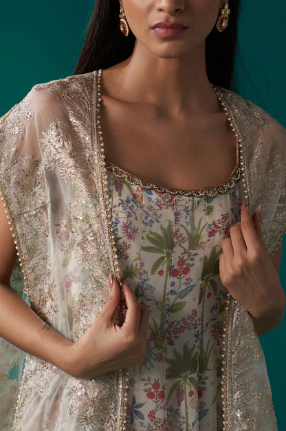 White Floral Printed Anarkali Dress and Embroidered Organza Cape Set