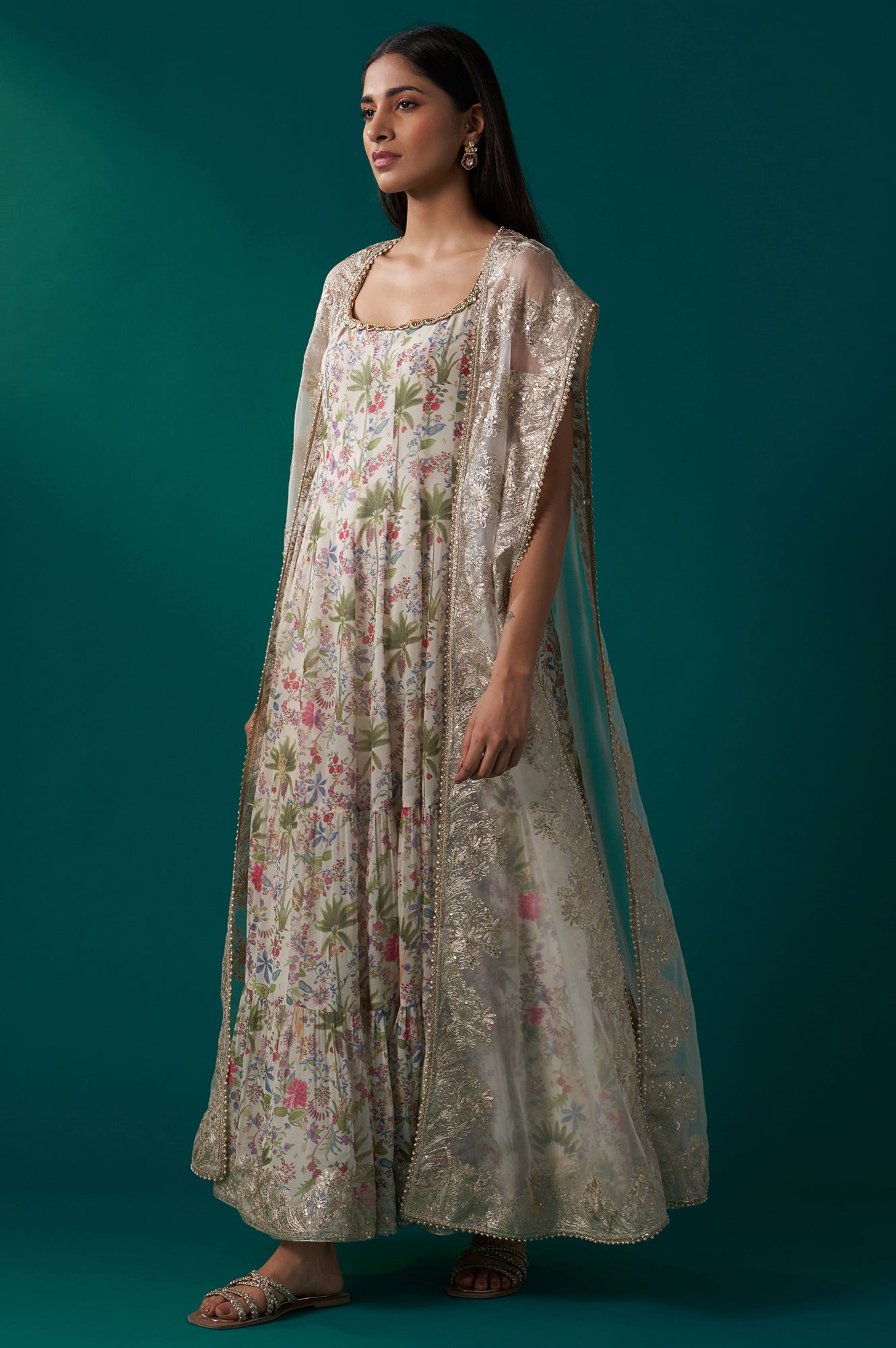anarkali dress anarkali dress White Floral Printed Anarkali Dress and Embroidered Organza Cape Set
