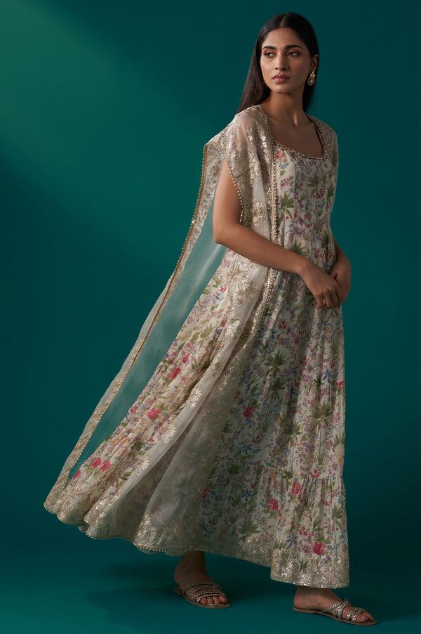 White Floral Printed Anarkali Dress and Embroidered Organza Cape Set