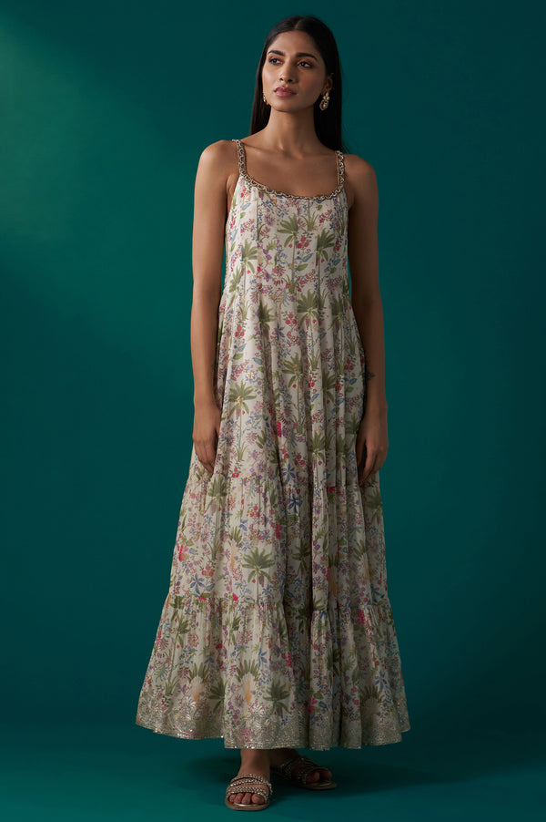 White Floral Printed Anarkali Dress and Embroidered Organza Cape Set