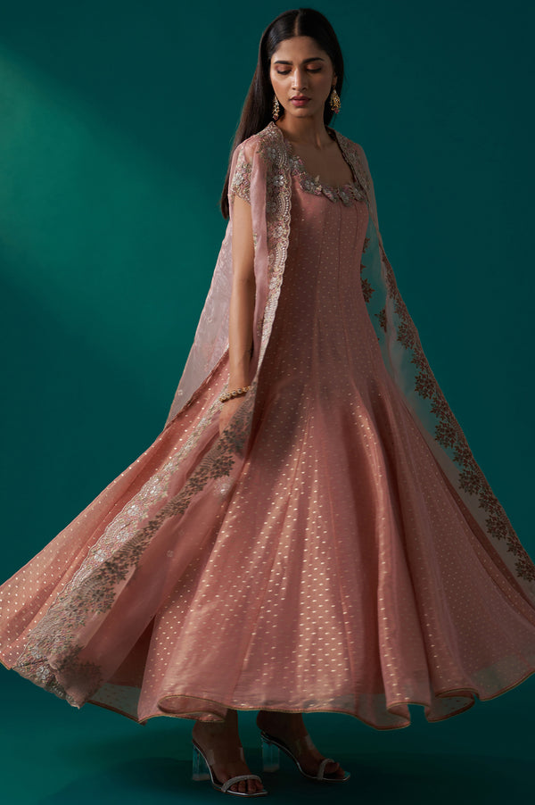 Peach Heavy Embroidered Tissue Cape and Anarkali Dress Set