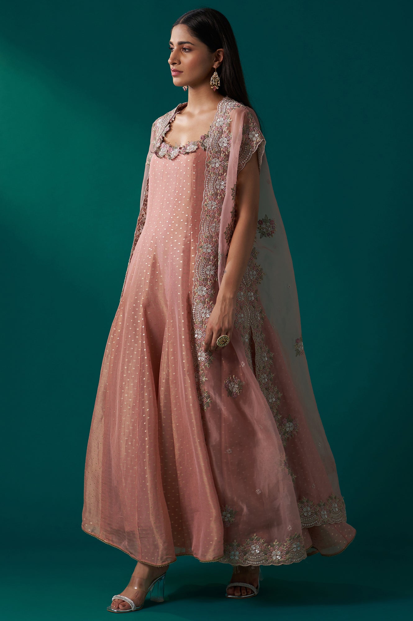 Peach Heavy Embroidered Tissue Cape and Anarkali Dress Set Peach Heavy Embroidered Tissue Cape and Anarkali Dress Set