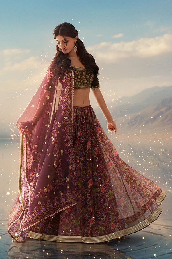 Green Embroidered Velvet Blouse with Floral Printed Skirt and Dupatta Set