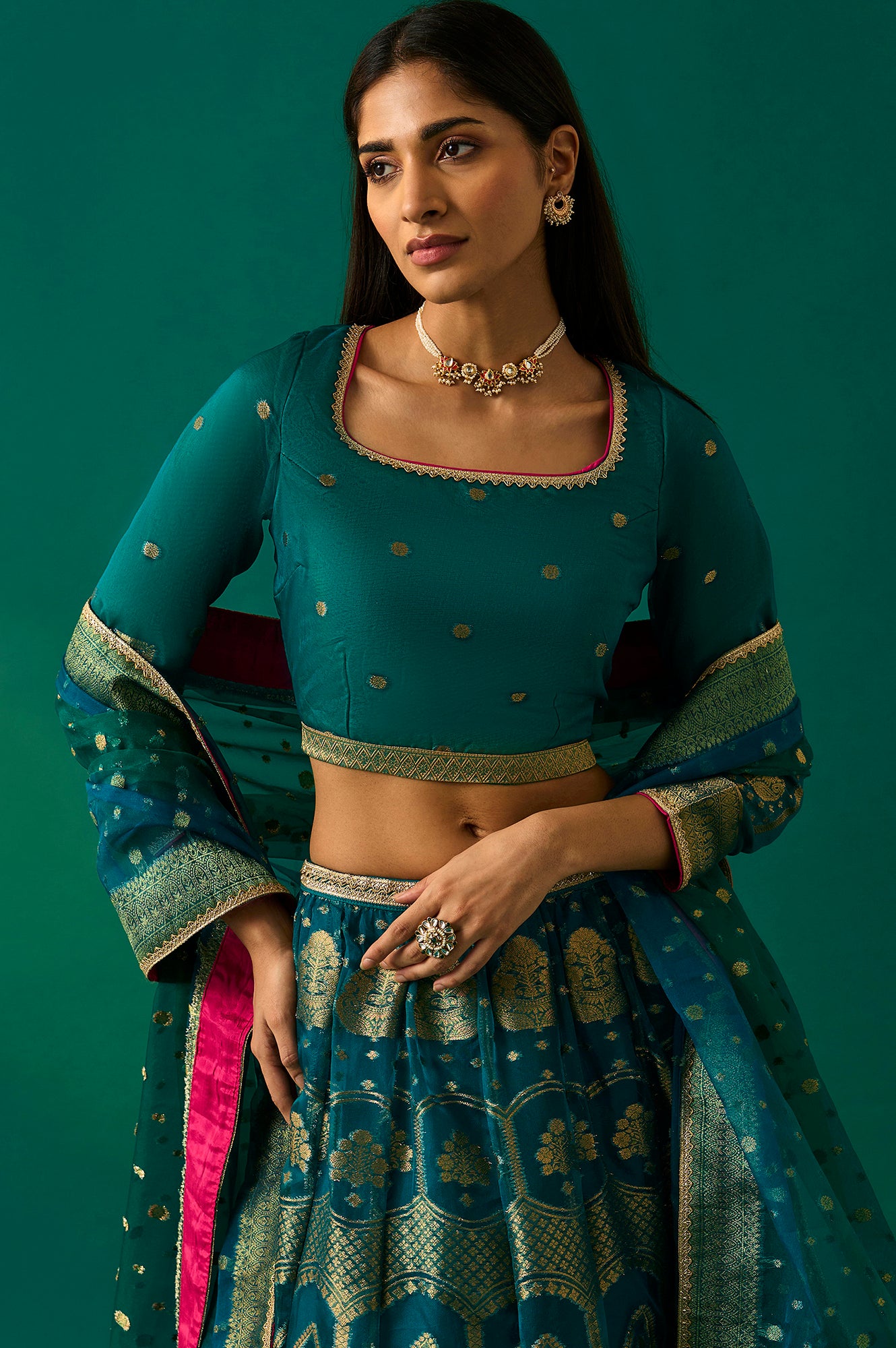 Green Embellished Fitted Organza Blouse with Skirt and Dupatta Set