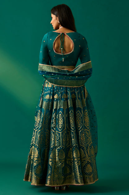 Green Embellished Fitted Organza Blouse with Skirt and Dupatta Set