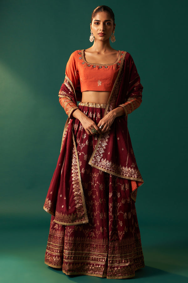 Orange Zari Embroidered Jacquard Blouse with Flared Maroon Skirt and Dupatta Set