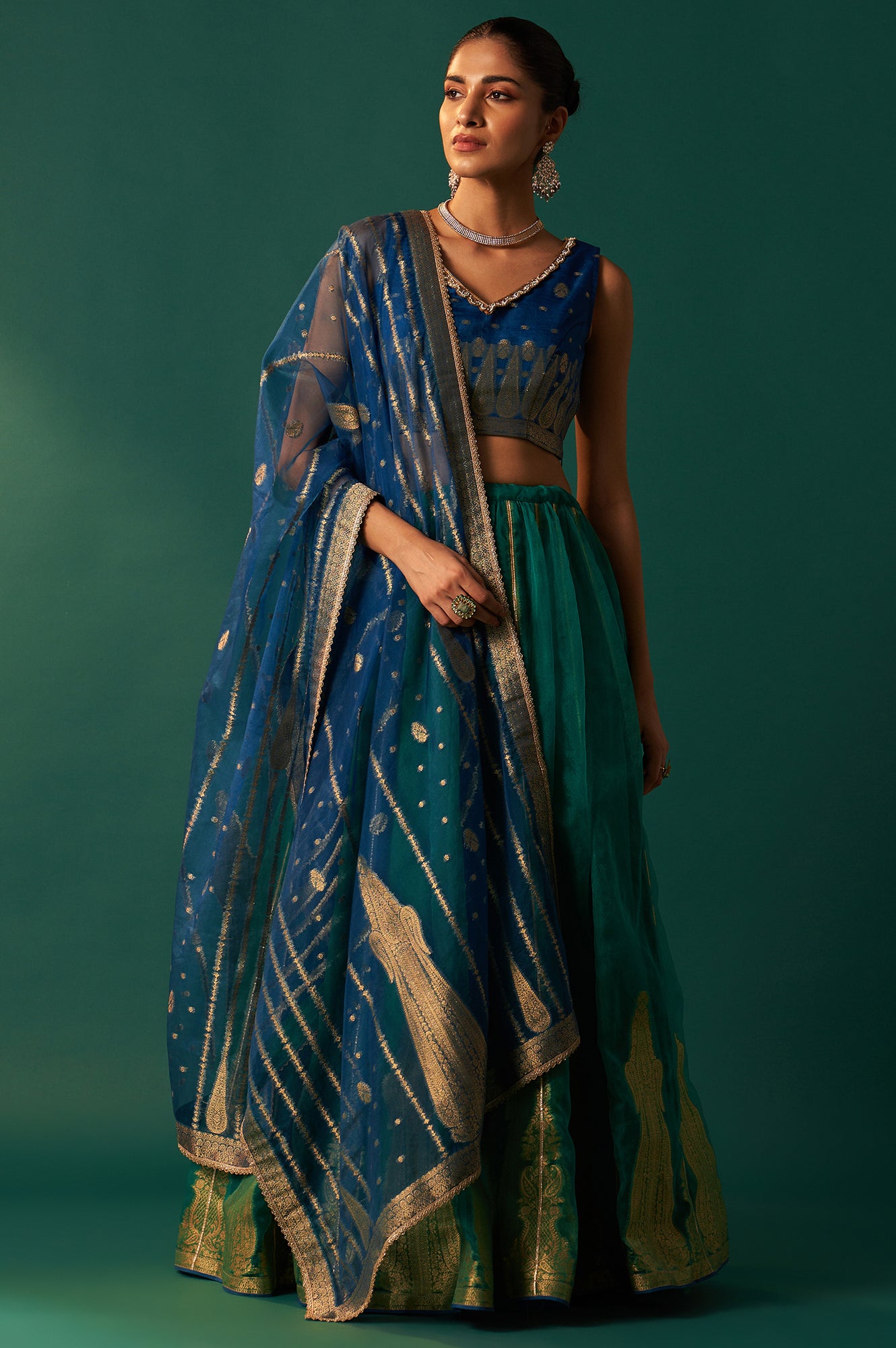 Blue Self Design Embroidered Zari Work Flared Organza Blouse with Skirt and Dupatta Set