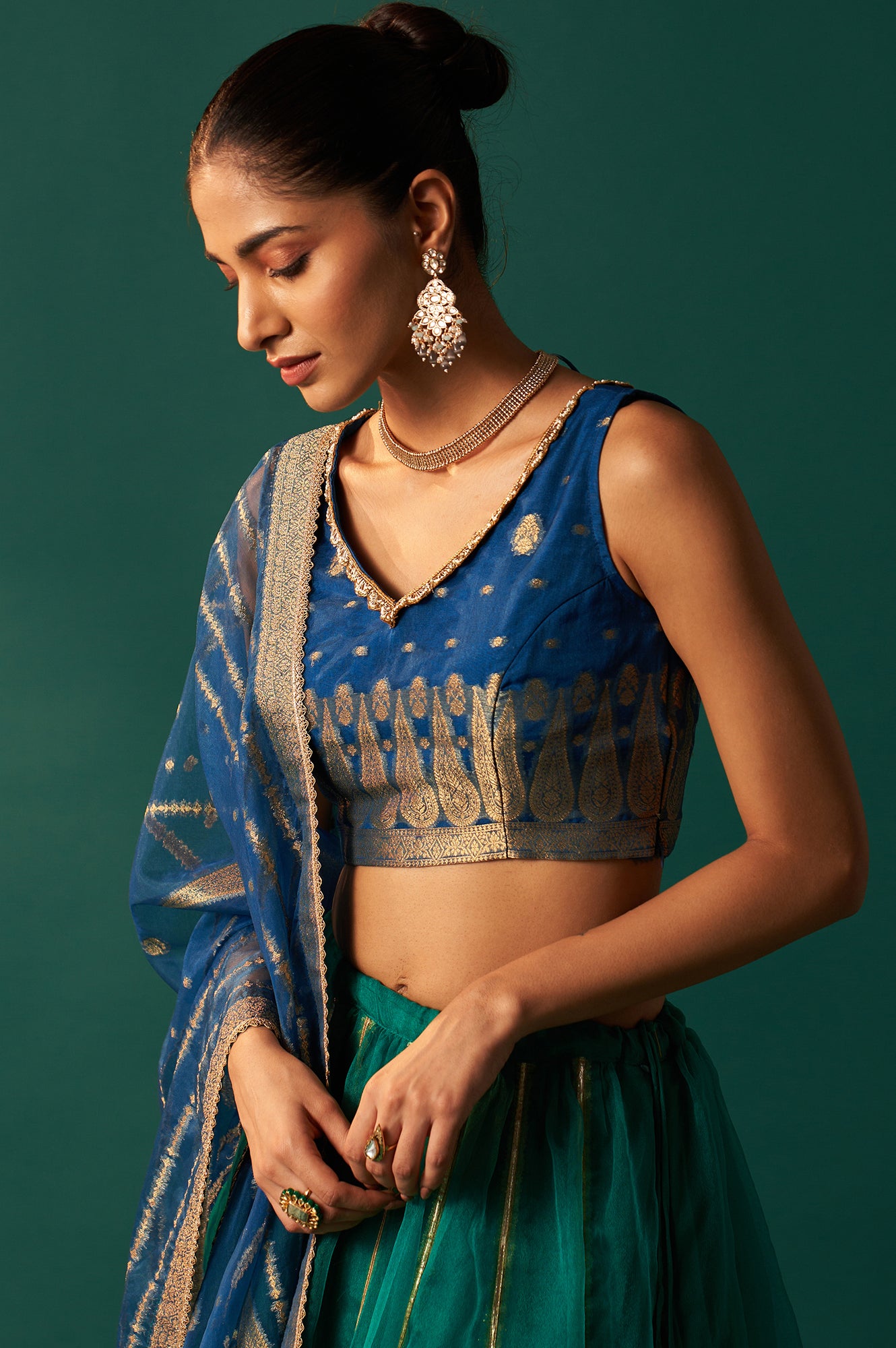 Blue Self Design Embroidered Zari Work Flared Organza Blouse with Skirt and Dupatta Set