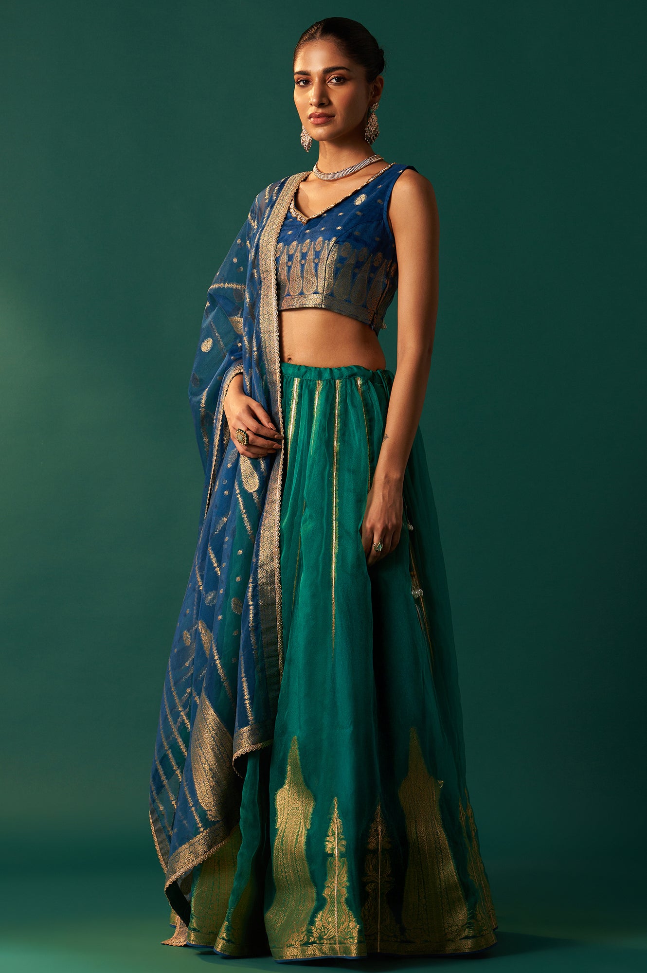 Blue Self Design Embroidered Zari Work Flared Organza Blouse with Skirt and Dupatta Set