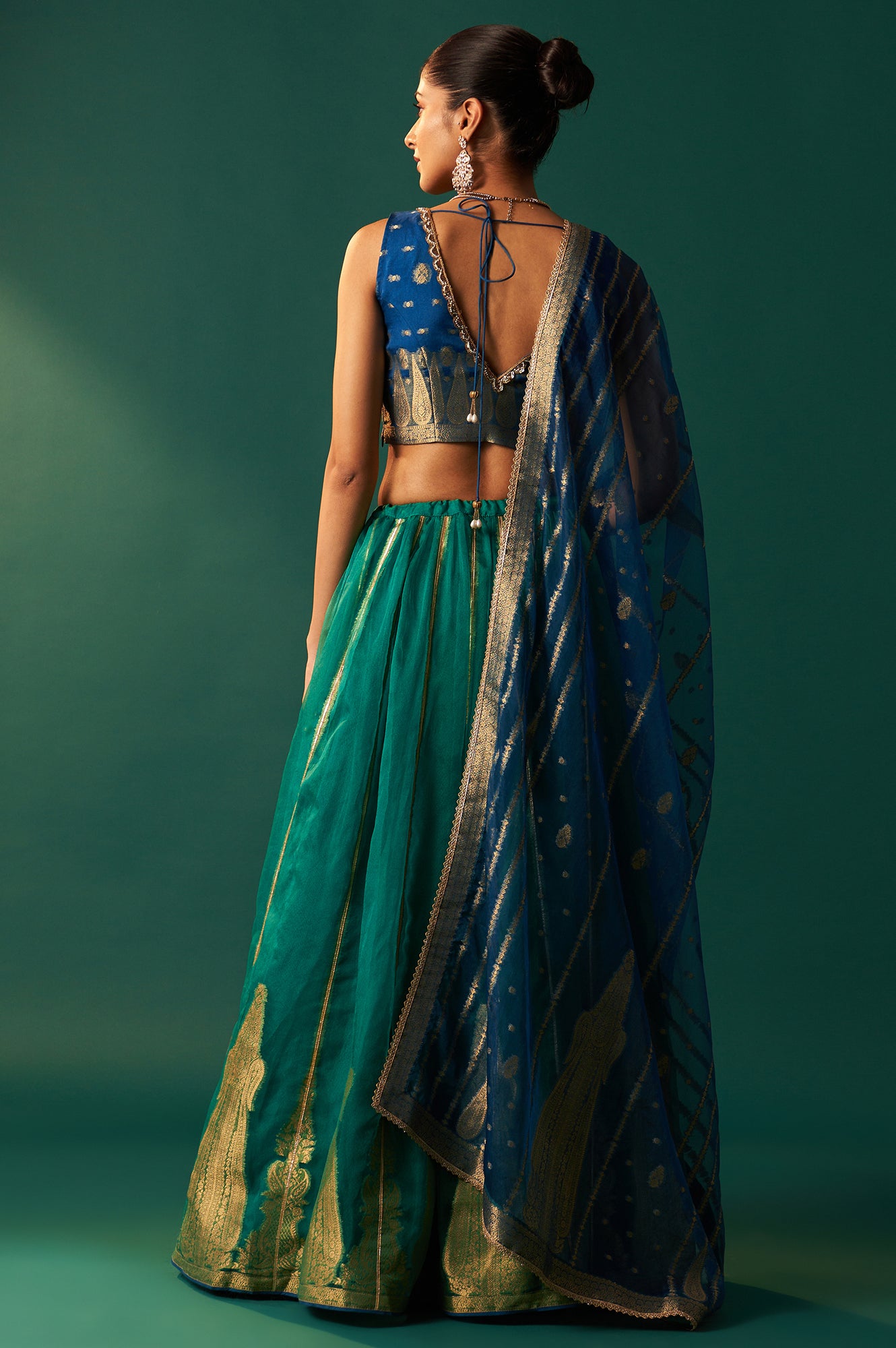 Blue Self Design Embroidered Zari Work Flared Organza Blouse with Skirt and Dupatta Set