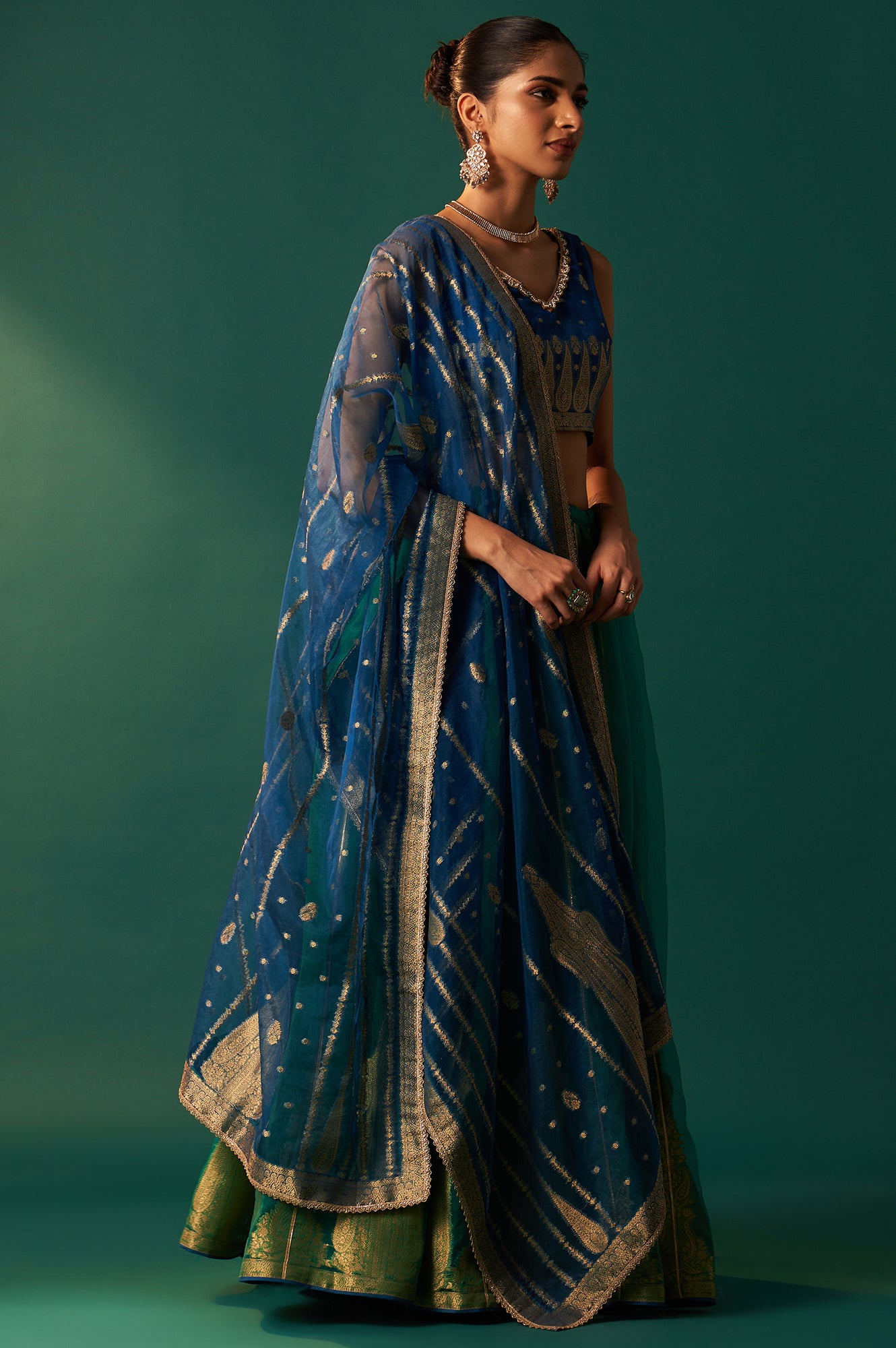 Blue Self Design Embroidered Zari Work Flared Organza Blouse with Skirt and Dupatta Set