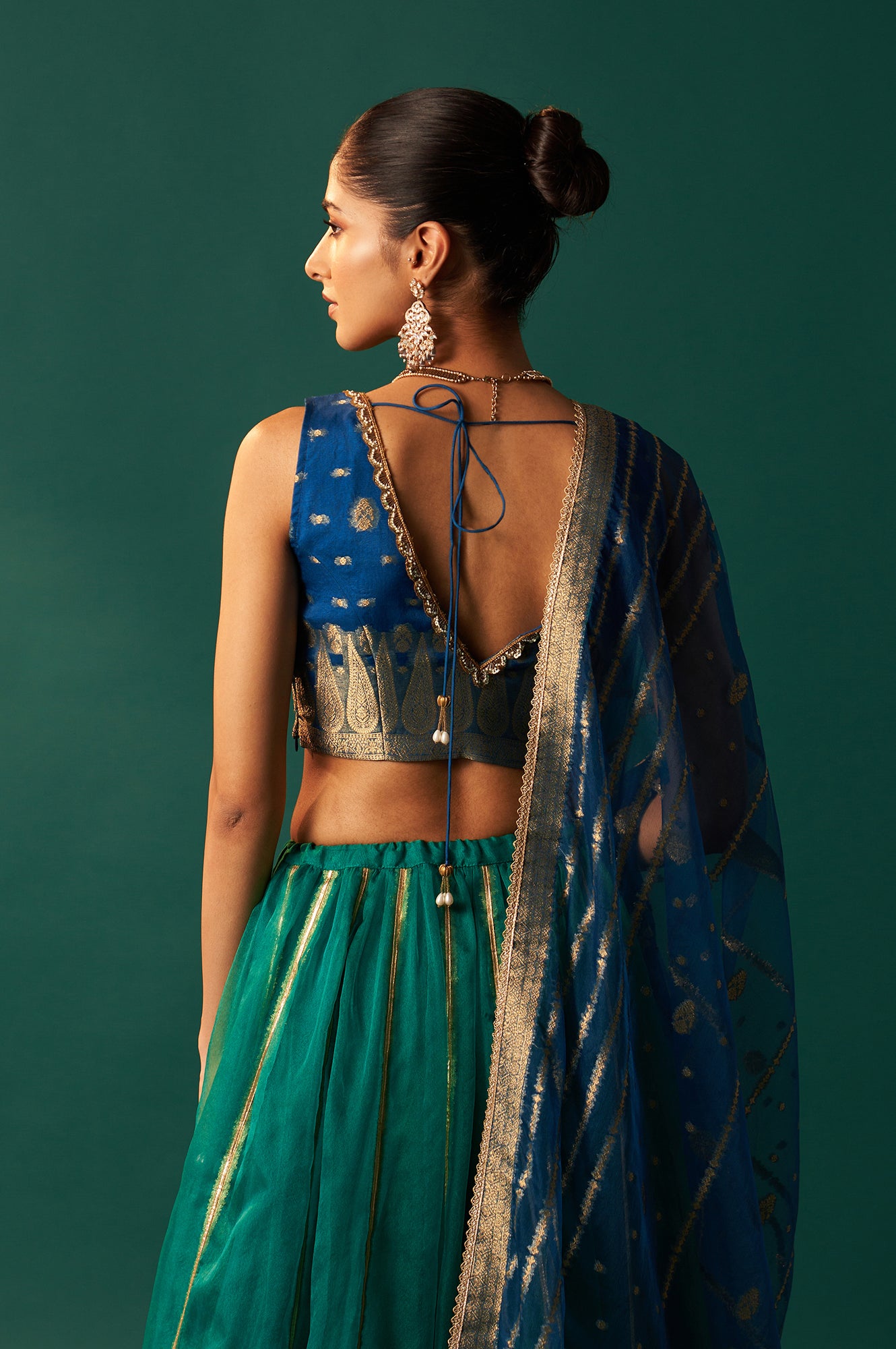 Blue Self Design Embroidered Zari Work Flared Organza Blouse with Skirt and Dupatta Set