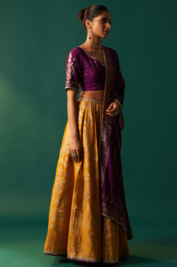 Purple Embroidered Chanderi Jacquard Blouse with Flared Skirt and Dupatta Set