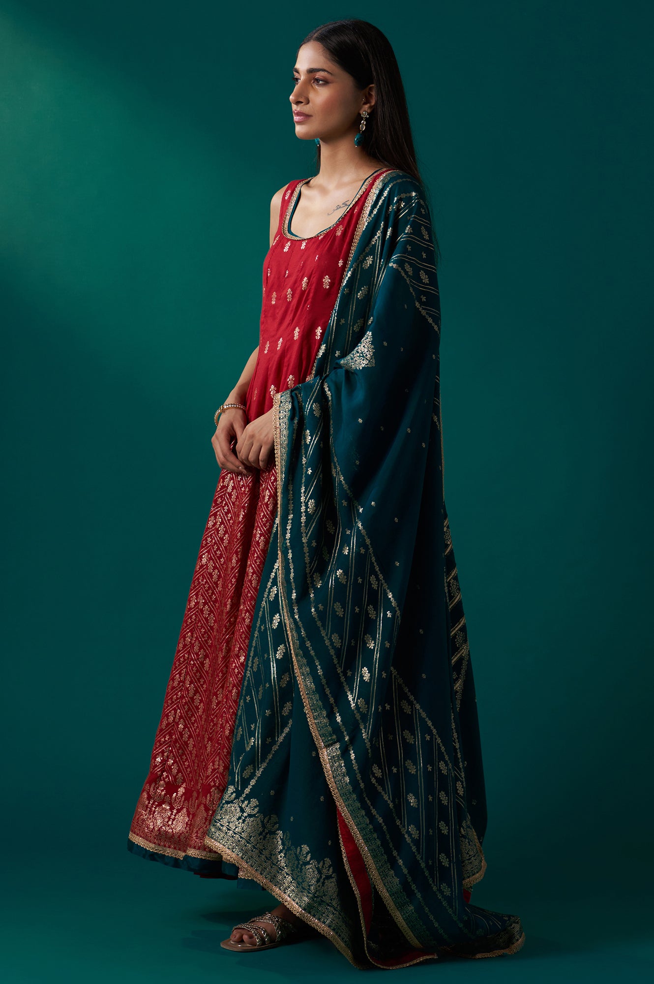 Red Zari Embroidered Jacquard Anarkali Sleeveless Kurta with Churidar and Dupatta Set