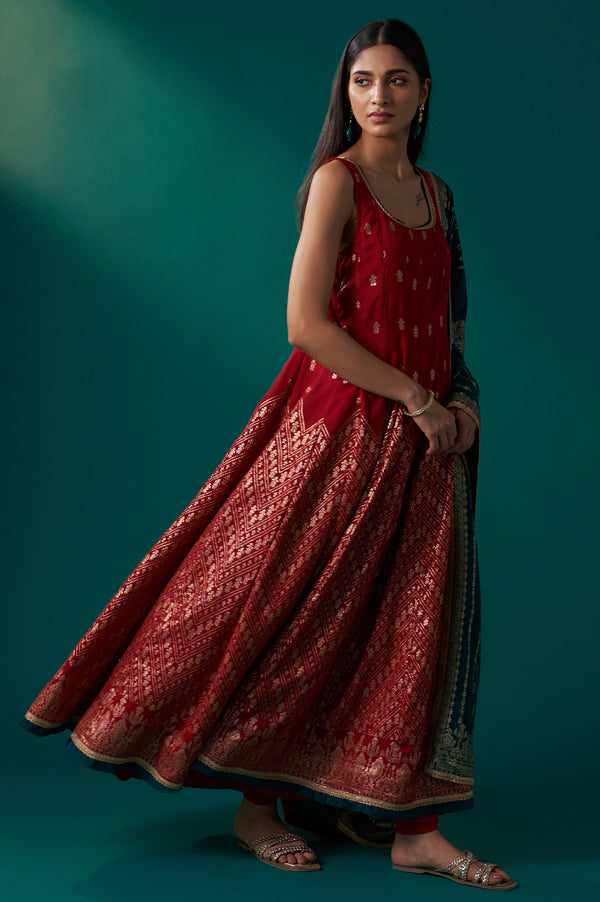 Red Zari Embroidered Jacquard Anarkali Sleeveless Kurta with Churidar and Dupatta Set