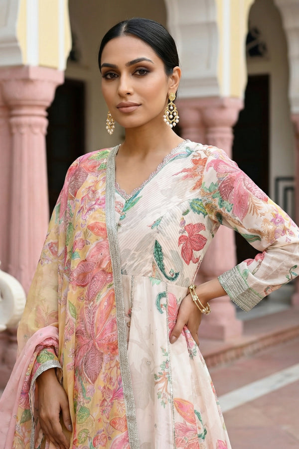 Peach Floral Printed Embroidered Chanderi Anarkali Kurta with Churidar and Dupatta Set