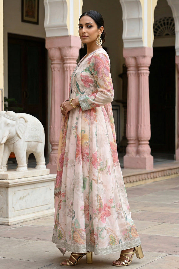 Peach Floral Printed Embroidered Chanderi Anarkali Kurta with Churidar and Dupatta Set