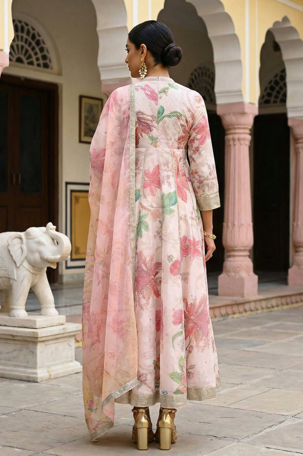 Peach Floral Printed Embroidered Chanderi Anarkali Kurta with Churidar and Dupatta Set