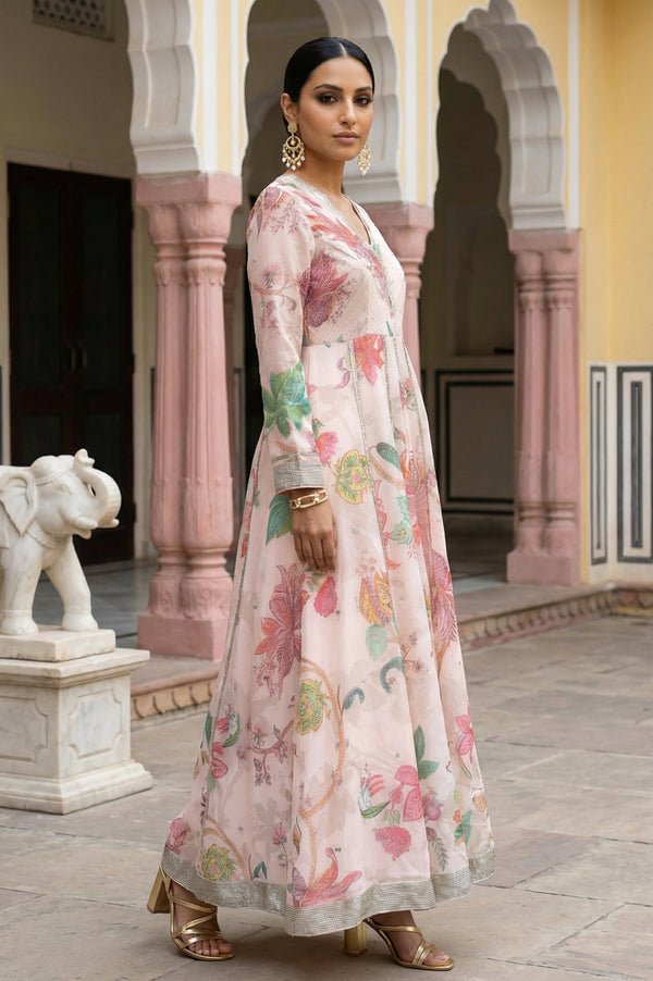 Peach Floral Printed Embroidered Chanderi Anarkali Kurta with Churidar and Dupatta Set