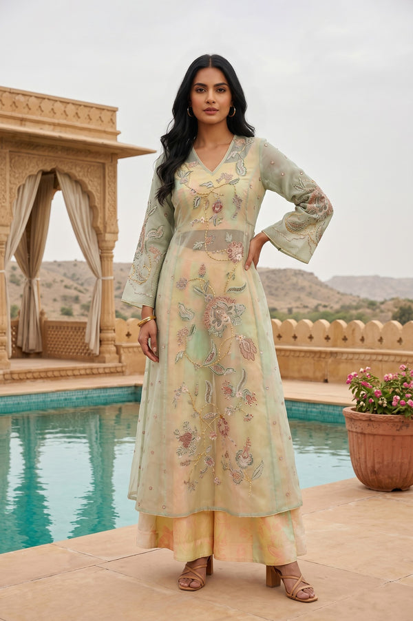 Sea Green Embroidered Organza Straight Kurta with Blouse and Culottess Set