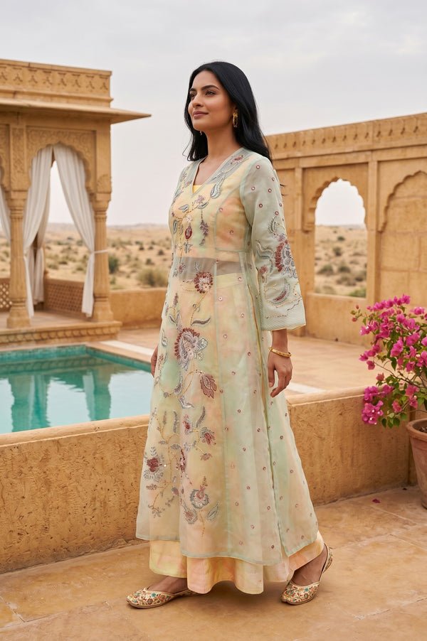 Sea Green Embroidered Organza Straight Kurta with Blouse and Culottess Set