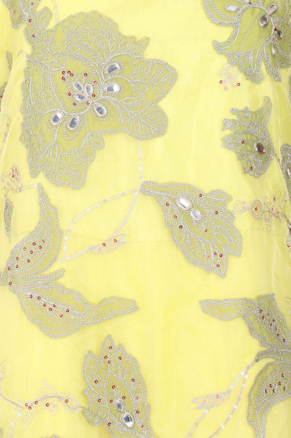 Wishful Yellow Zari Embroidered Organza Sleeveless Flared Kurta with Churidar and Dupatta Set