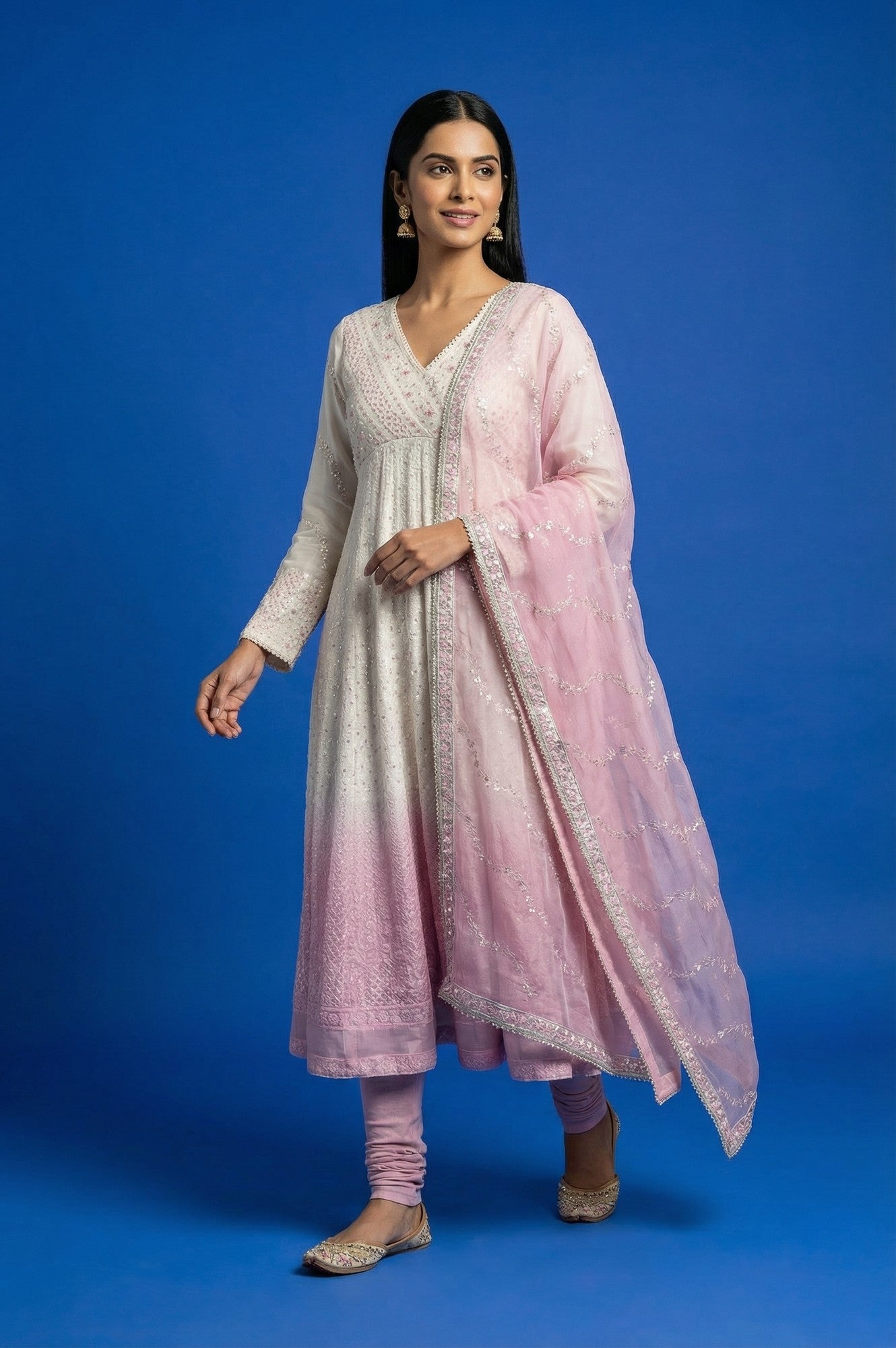 White Ombre Sequinned Embroidered Anarkali Kurta with Churidar and Dupatta Set
