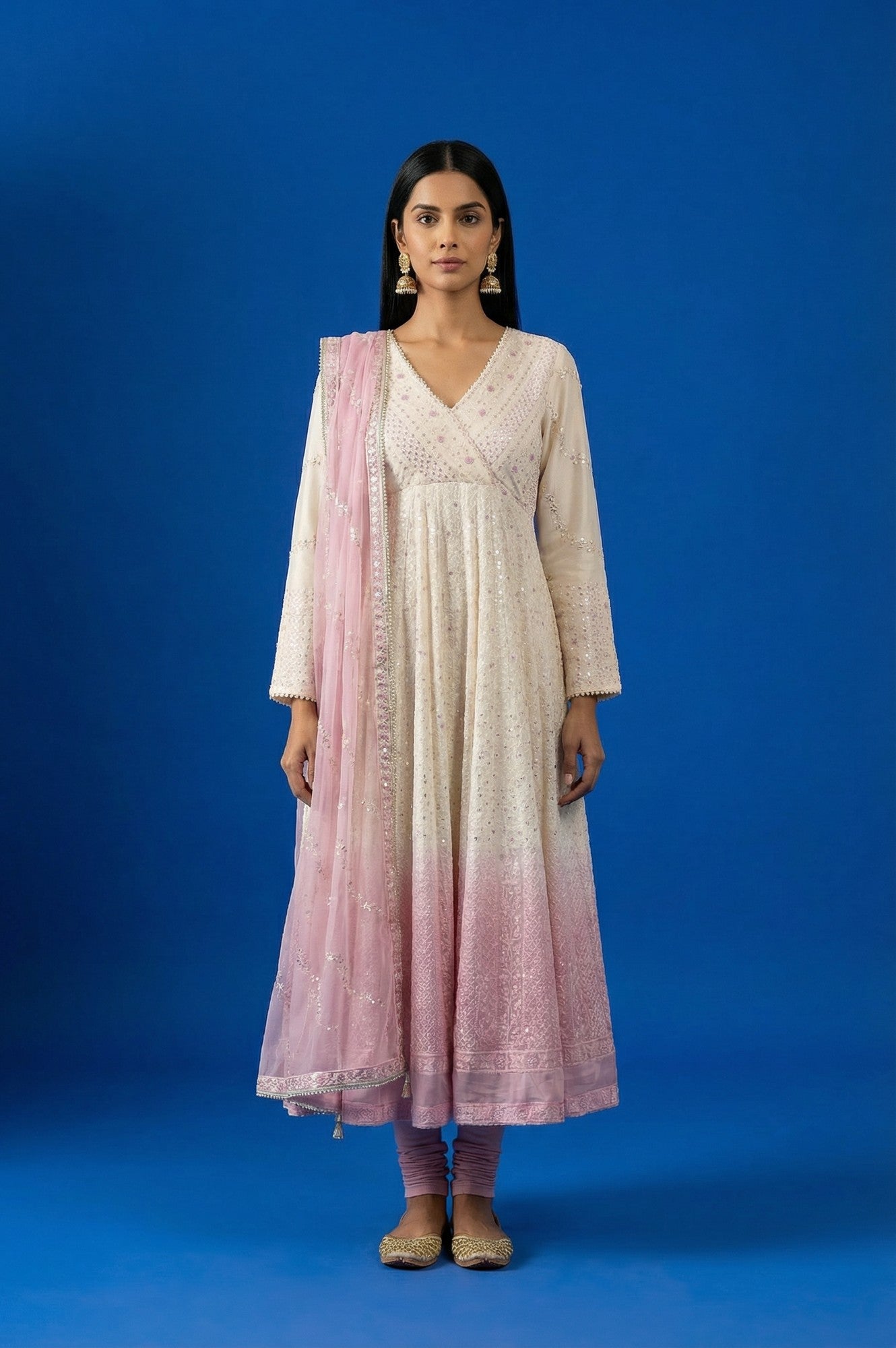 White Ombre Sequinned Embroidered Anarkali Kurta with Churidar and Dupatta Set