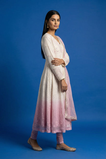 White Ombre Sequinned Embroidered Anarkali Kurta with Churidar and Dupatta Set
