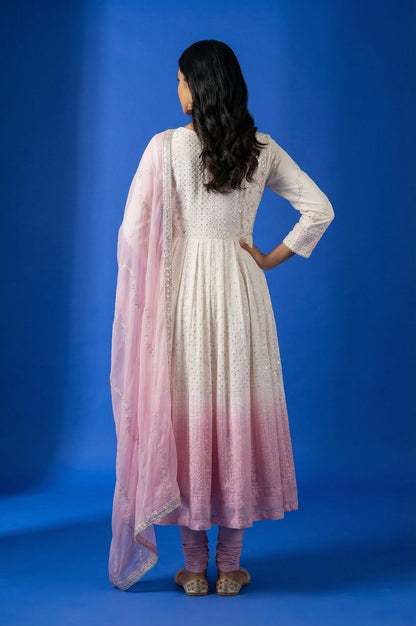White Ombre Sequinned Embroidered Anarkali Kurta with Churidar and Dupatta Set