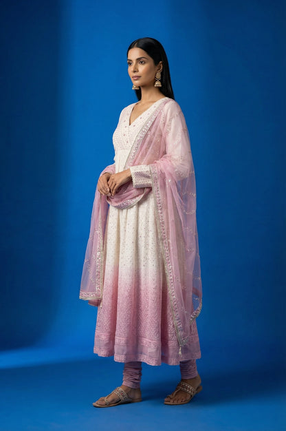 White Ombre Sequinned Embroidered Anarkali Kurta with Churidar and Dupatta Set