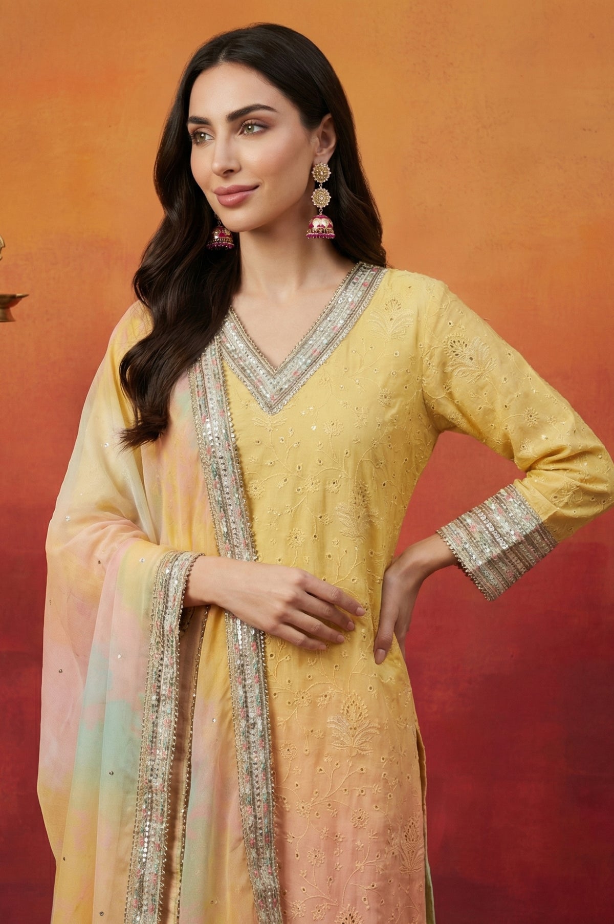 Yellow Ombre Thread Embroidered Georgette Straight Kurta with  and Dupatta Set