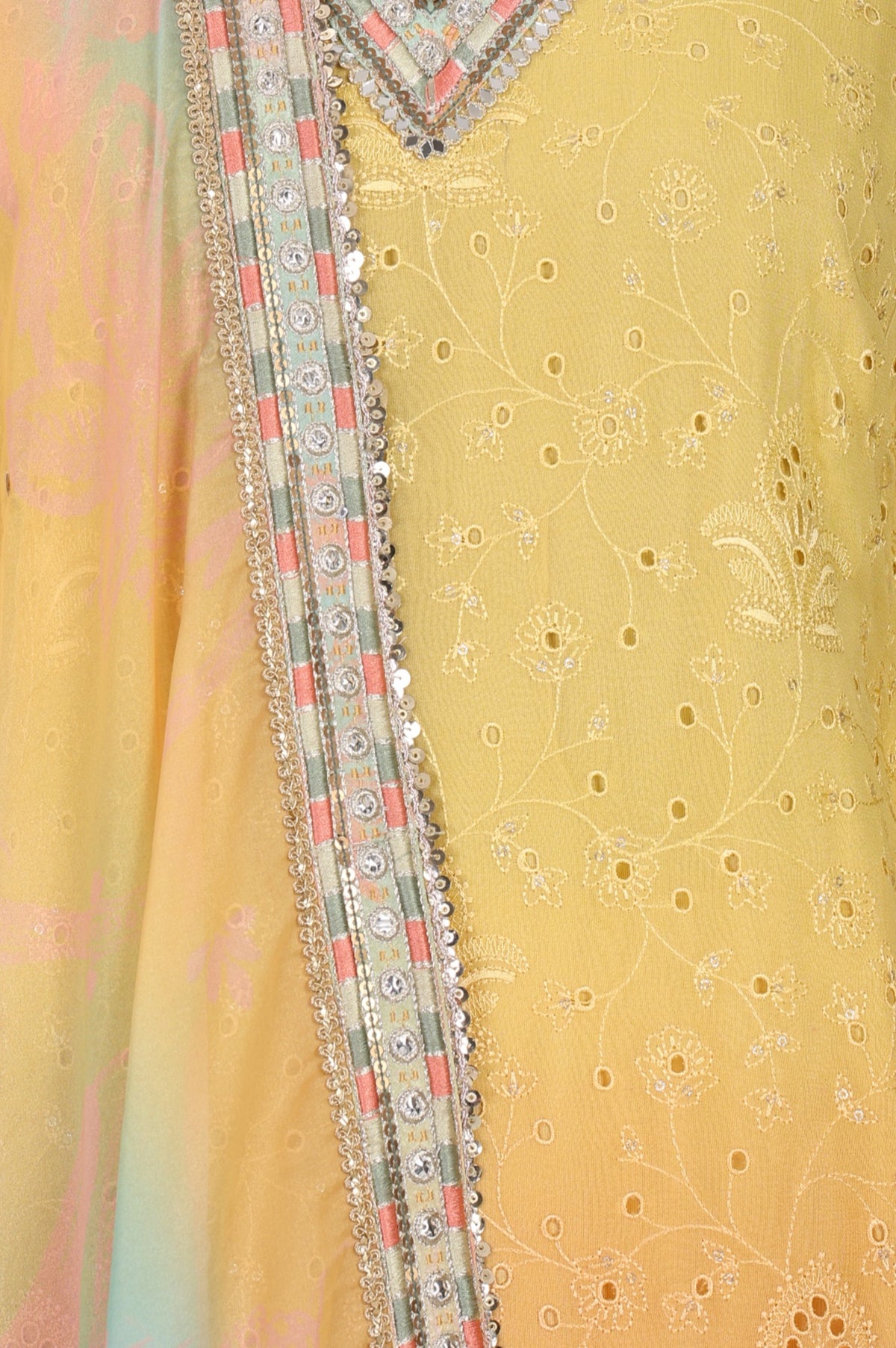 Yellow Ombre Thread Embroidered Georgette Straight Kurta with  and Dupatta Set