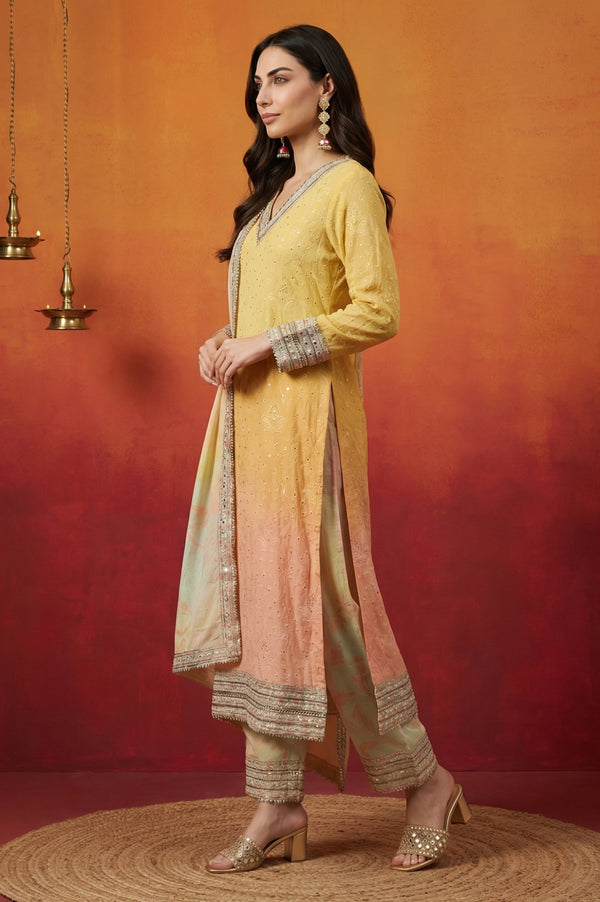 Yellow Ombre Thread Embroidered Georgette Straight Kurta with  and Dupatta Set