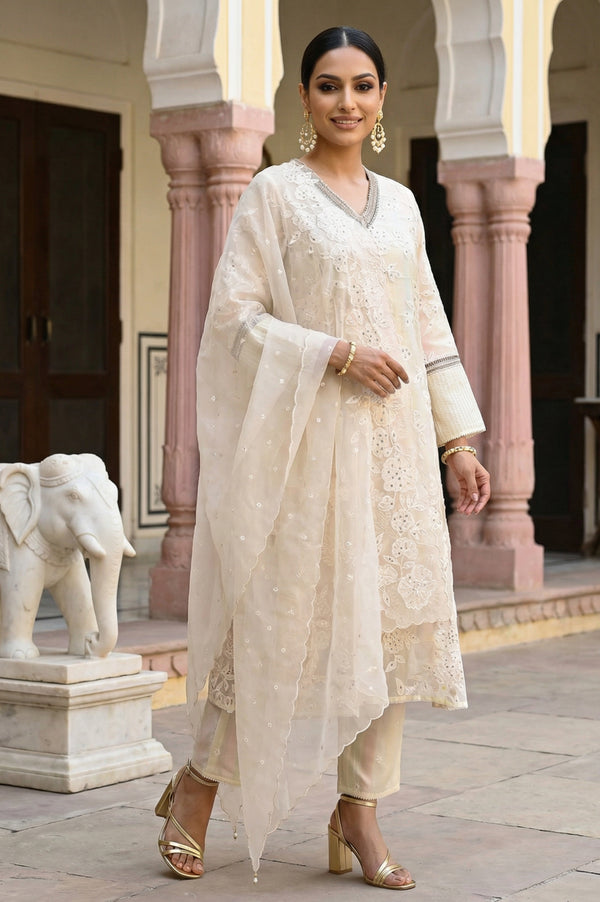 Powder Yellow Sequins Embroidered Straight Georgette Kurta with Straight Pants and Dupatta Set