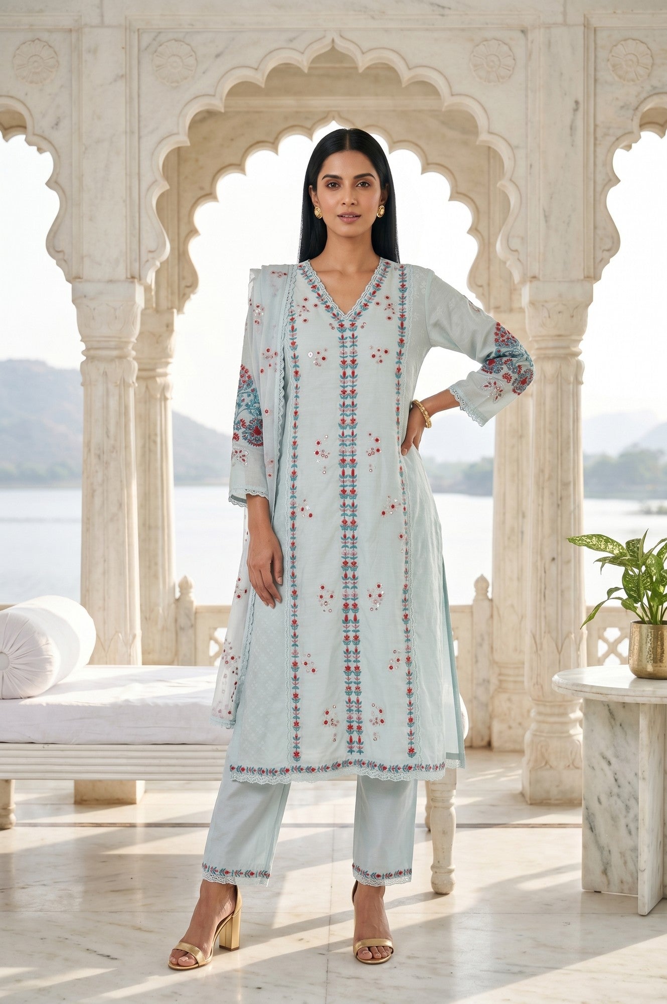 Blue Embroidered Chanderi Jacquard Straight Kurta With Pants And Dupatta Set